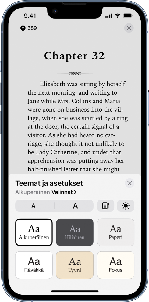 Teemat ja asetukset -valikko, jossa on fonttikoon, vieritysnäkymän, kirkkauden ja fonttiasetusten säätimet.