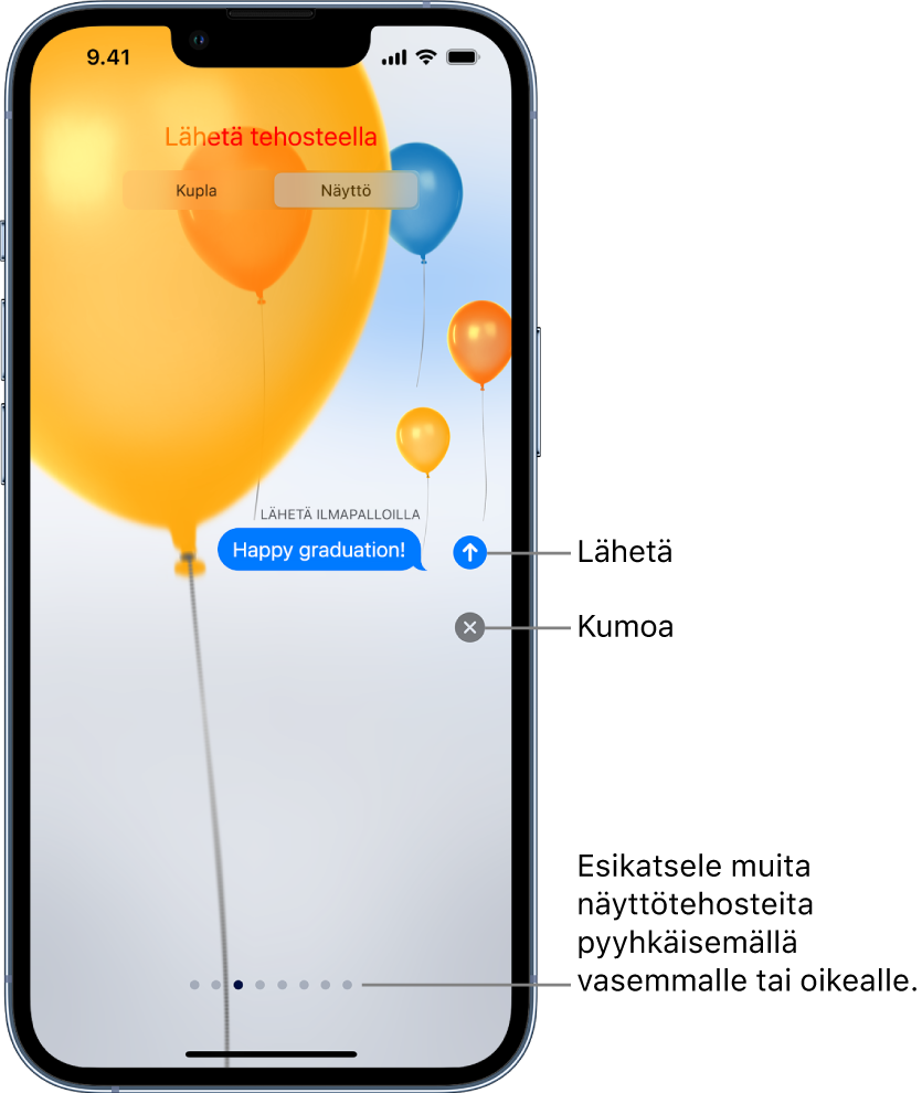 Viestin esikatselu, jossa näkyy koko näytön tehoste, jossa on punainen sydän.