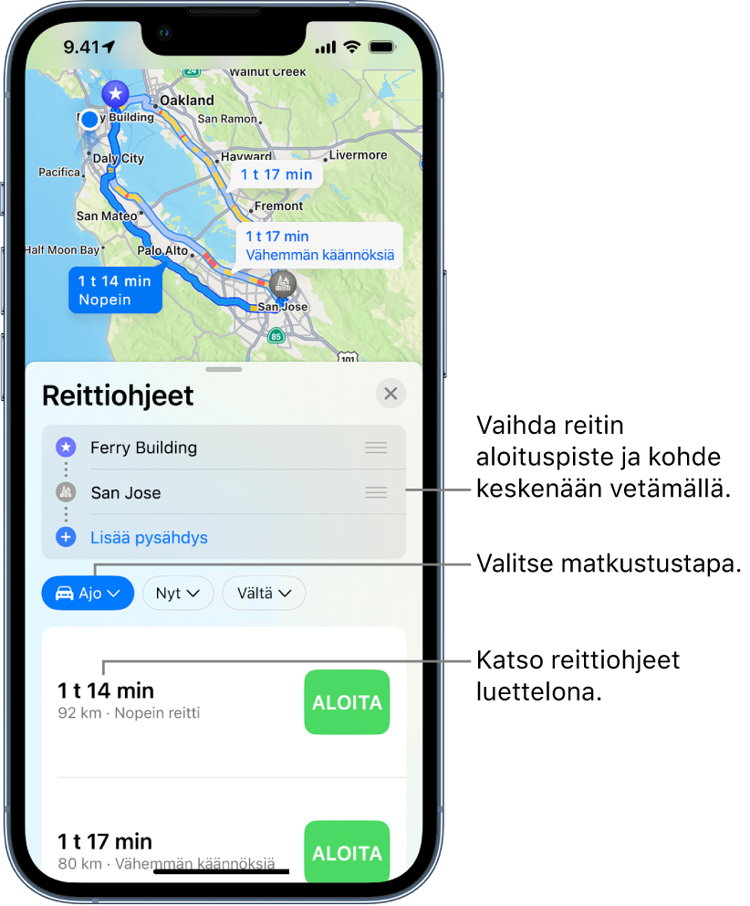 Kartta, jossa näkyy useita reittejä kahden sijainnin välillä sekä valinnat alkupisteen ja määränpään vaihtamiseen toisinpäin, matkustustapojen vaihtamiseen ja ohjeiden näyttämiseen luettelona.