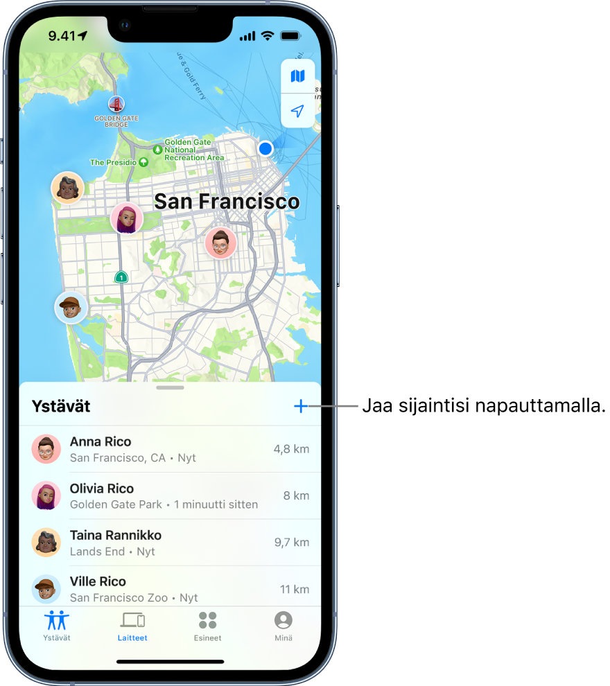 Etsi­apin näytöllä on auki Käyttäjät-luettelo. Käyttäjät-luettelossa on neljä henkilöä: Ashley Rico, Olivia Rico, Dawn Ramirez ja Will Rico. Jaa oma sijaintisi napauttamalla Käyttäjät-luettelon yläosan lisäyspainiketta.