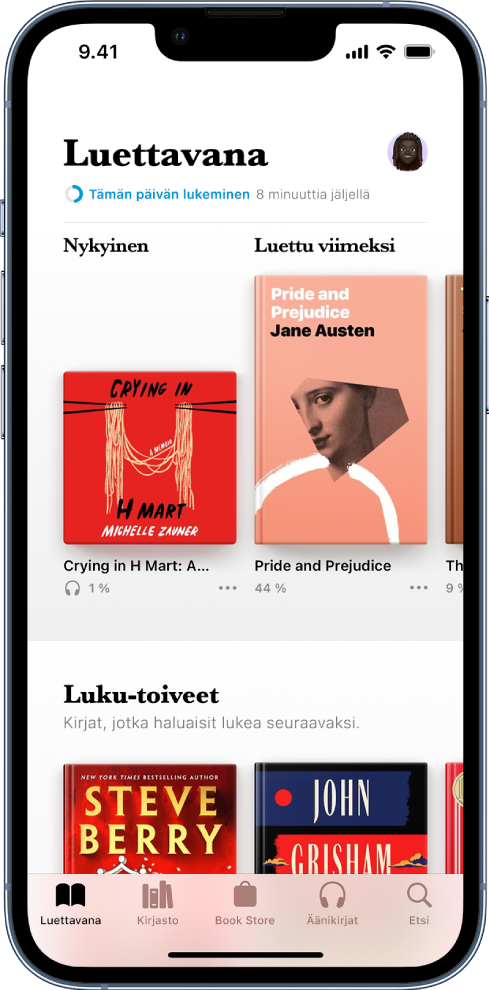 Luettavana-välilehti Kirjat-apissa. Näytön alareunassa vasemmalta oikealle ovat seuraavat välilehdet: Luettavana, Kirjasto, Book Store, Äänikirjat ja Haku.