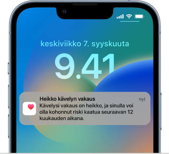 Lukitusnäyttö, jossa näkyy ilmoitus heikentyneestä kävelyn vakaudesta.