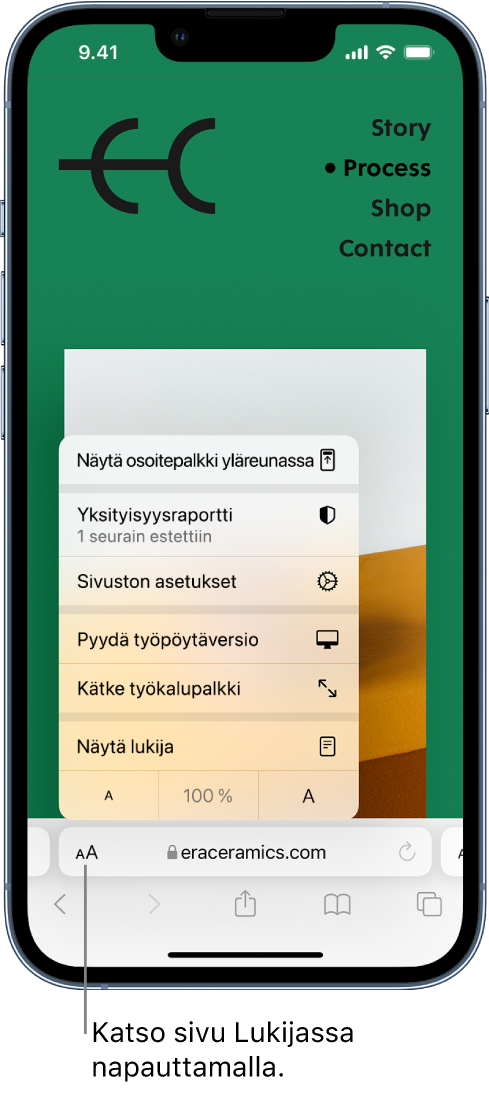 Sivun asetukset ‑valikko. Valikon lopussa on Näytä lukija ‑vaihtoehto.