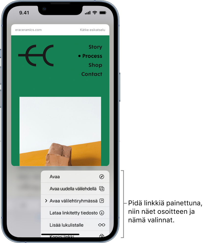 Kohdeosoitteen esikatselu ja luettelo mahdollisista toiminnoista: Avaa, Avaa uudella välilehdellä, Avaa välilehtiryhmässä, Lataa linkitetty tiedosto, Lisää lukulistalle ja Kopioi linkki.