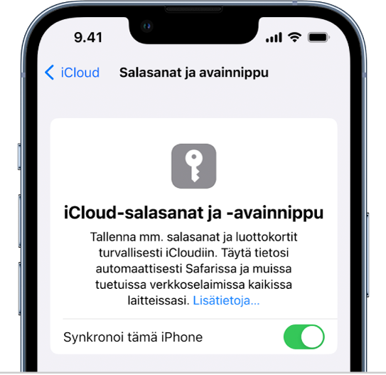 iCloudin Salasanat ja avainnippu -näyttö, jossa on asetus tämän iPhonen synkronointiin.