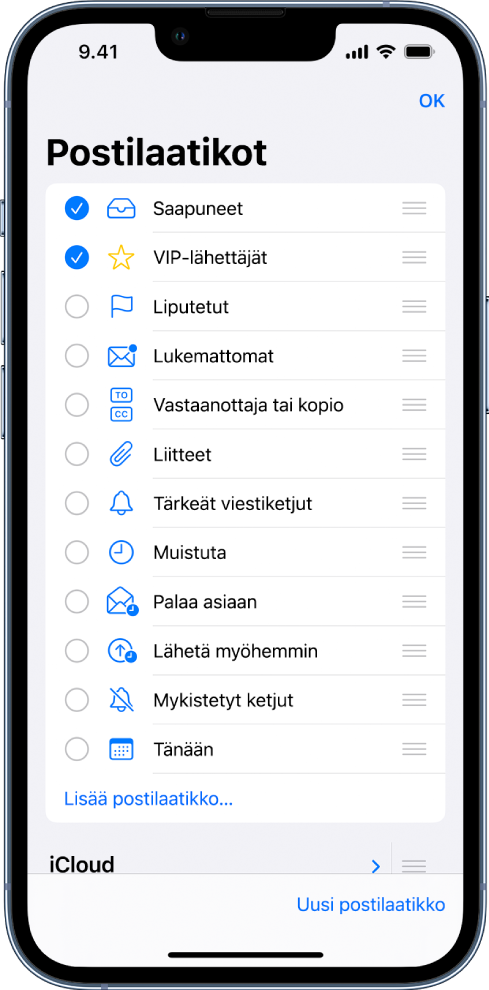 Sähköpostilaatikoiden muokkausnäyttö. Valinnaiset postilaatikot on lueteltu ylhäältä alas, ja niiden vasemmalla puolella on valintaruutu. Valinnaisia sähköpostilaatikoita ovat muun muassa Saapuneet, VIP, Liputetut, Lukemattomat, Liitteet ja Muistuta. Näytön oikeassa alakulmassa on painike, jossa lukee Uusi postilaatikko.