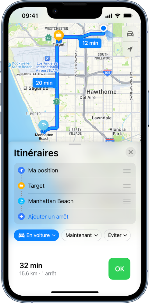 L’app Plans affichant l’itinéraire ainsi que plusieurs arrêts en cours de route.