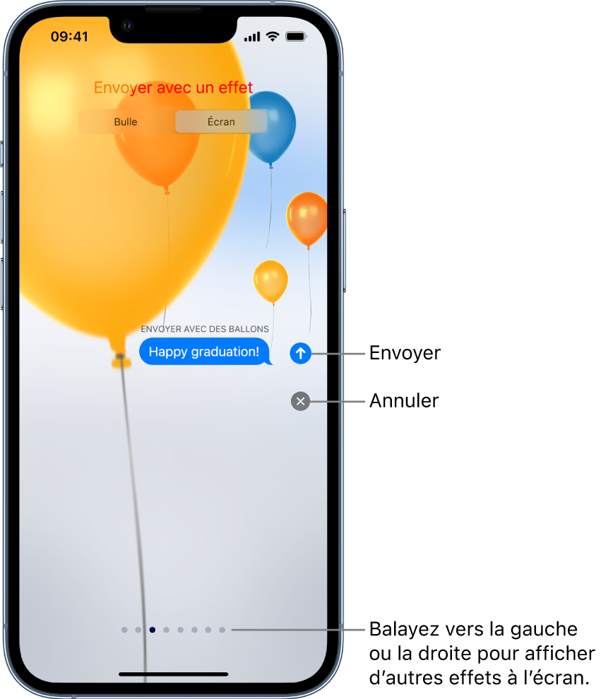 Aperçu d’un message affichant un effet de plein écran avec un cœur rouge.
