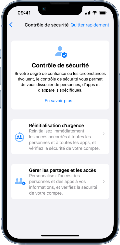 L’écran de la fonctionnalité « Contrôle de sécurité ».