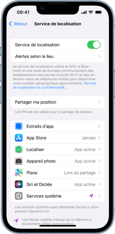 L’écran « Services de localisation », avec les réglages permettant de partager l’emplacement de votre iPhone, y compris des réglages personnalisés pour les apps individuelles.