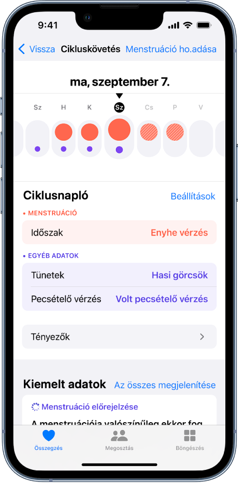 A Cikluskövetés képernyő, amelynek tetején egy adott hét idővonala látható. A piros körök az első három napot, míg a lila pontok a többi napot jelzik az idővonalon. Az idővonal alatt lévő opciókkal információkat adhat meg a menstruációról, a tünetekről stb.