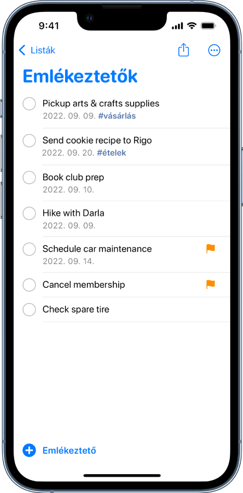 Az Emlékeztetők app egyik képernyője egy teendőlistával. Az Új emlékeztető gomb a bal alsó részen található.