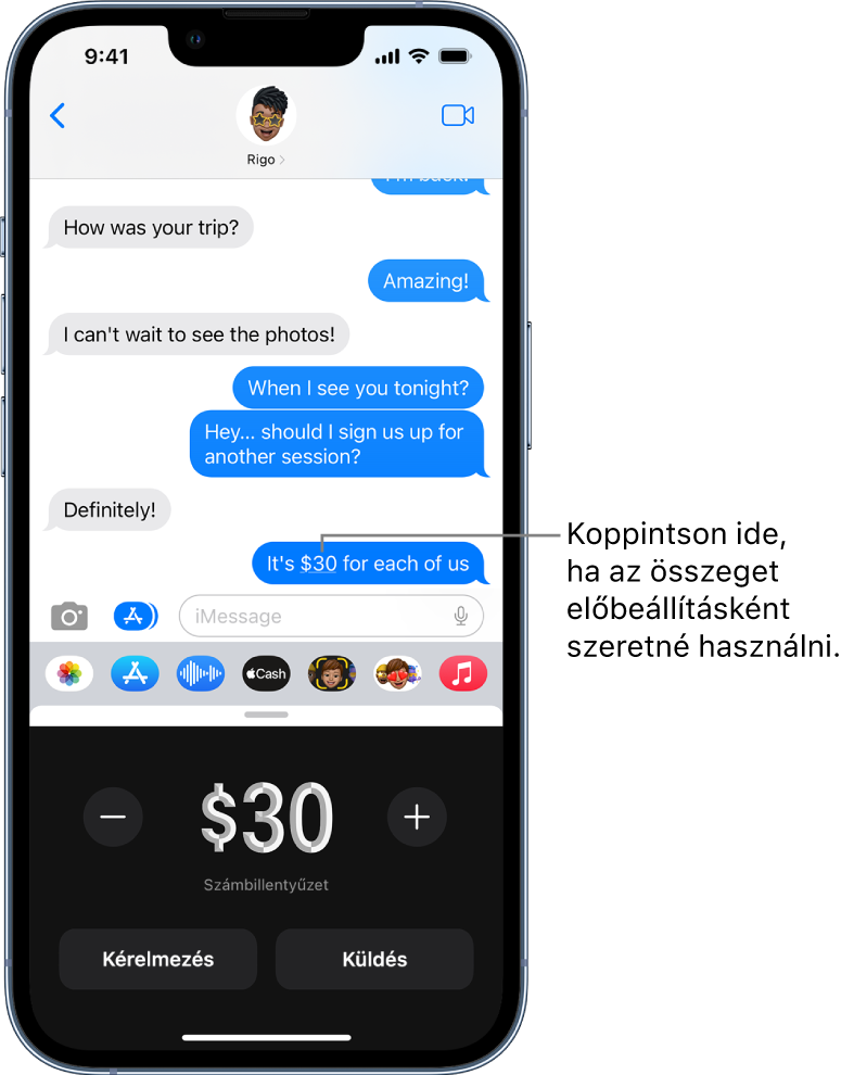 Egy iMessage-beszélgetés, alul a megnyitott Apple Payjel.