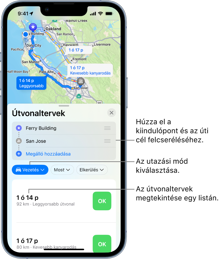 Egy térkép több autós útvonallal két hely között. A rendelkezésre álló opciók segítségével felcserélheti az indulási pontot és az úti célt, választhat más utazási módot, megtekintheti az útvonalterveket egy listán.