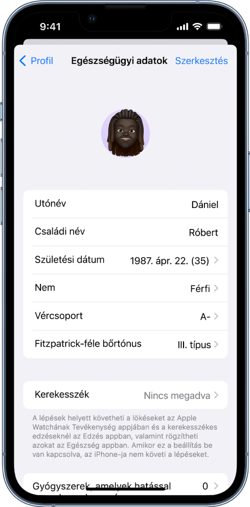 Az Egészségügyi adatok képernyő.
