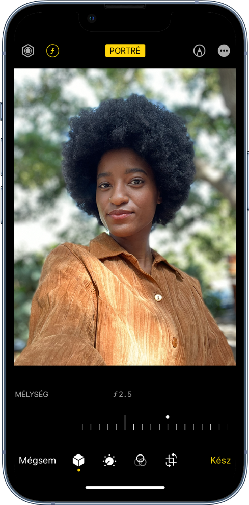 Egy Portré módban készített fotó szerkesztési képernyője. A képernyő bal felső részén a megvilágítás intenzitásának beállítására és a mélység módosítására szolgáló gomb látható. A képernyő tetejének közepén a Portré gomb található, a jobb felső részen pedig a Pluginok gomb. A fotó a képernyő közepén jelenik meg, alatta pedig egy csúszka található, amellyel a mélységet lehet beállítani. A csúszka alatt balról jobbra haladva a következő gombok jelennek meg: Mégsem, Portré, Beállítás, Szűrők, Körbevágás és Kész.