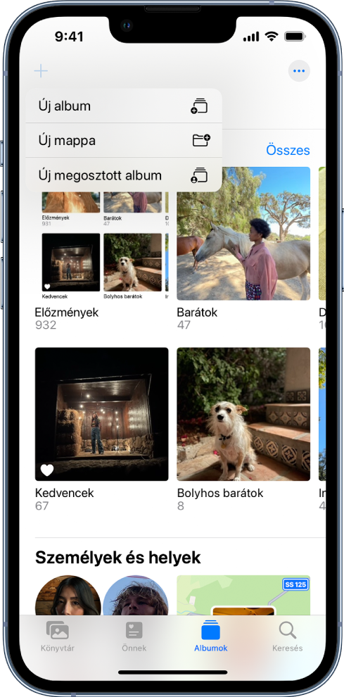 Az Album képernyő. A bal felső sarokban az Új album gomb kijelölve látható, és megjelenít egy opciót, amely új album, új mappa és új megosztott album hozzáadásához használható.