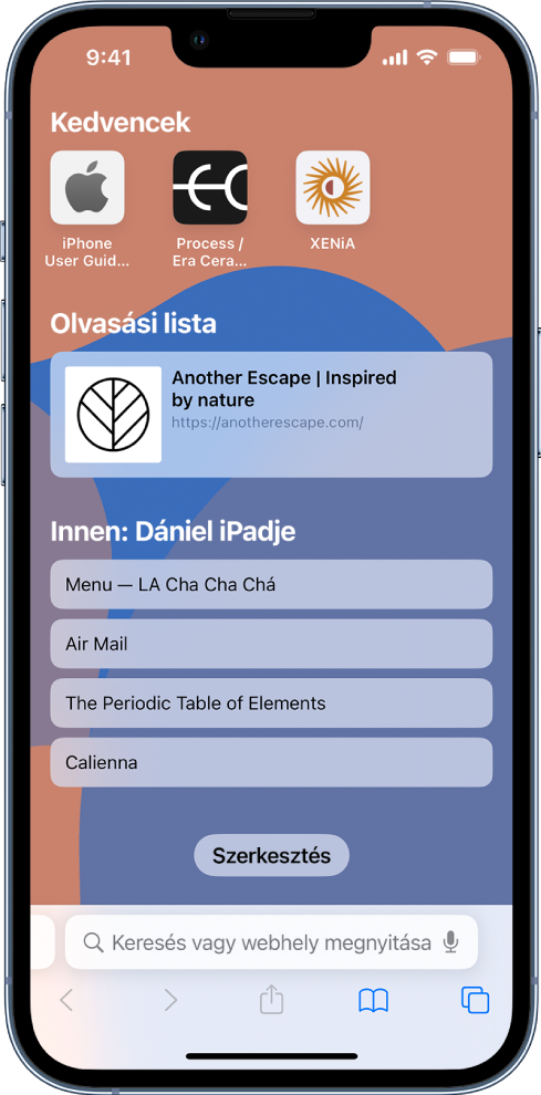 A Safari nyitóoldala, ahol láthatók a kedvenc webhelyek, az Olvasási listába mentett webhely, valamint a felhasználó másik Apple-eszközén megnyitott webhelyek. A Szerkesztés gomb a képernyő alsó részén található.