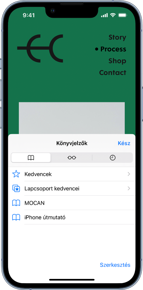 A Könyvjelzők képernyő a könyvjelzők, kedvencek, lapcsoportkedvencek, olvasási listák és böngészési előzmények megtekintésének lehetőségeivel.