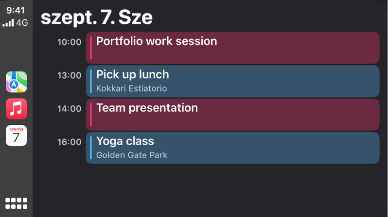 A naptár képernyője a CarPlayben négy olyan eseménnyel, amelyek egy szerdai napra, szeptember 7-re vannak ütemezve.
