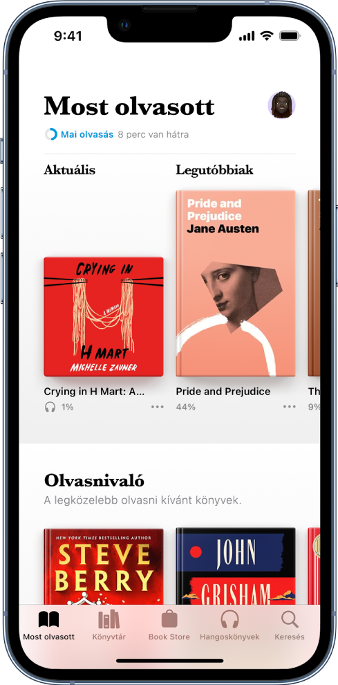 A Most olvasott képernyő a Könyvek appban. A képernyő alján balról jobbra haladva a következő lapok láthatók: Most olvasott, Könyvtár, Book Store, Hangoskönyvek és Keresés.