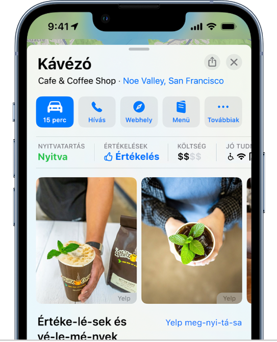 Egy kávézóhoz tartozó helykártya. A helykártyán lévő gombok útvonaltervek megjelenítéséhez és az étlap megtekintéséhez használhatók.