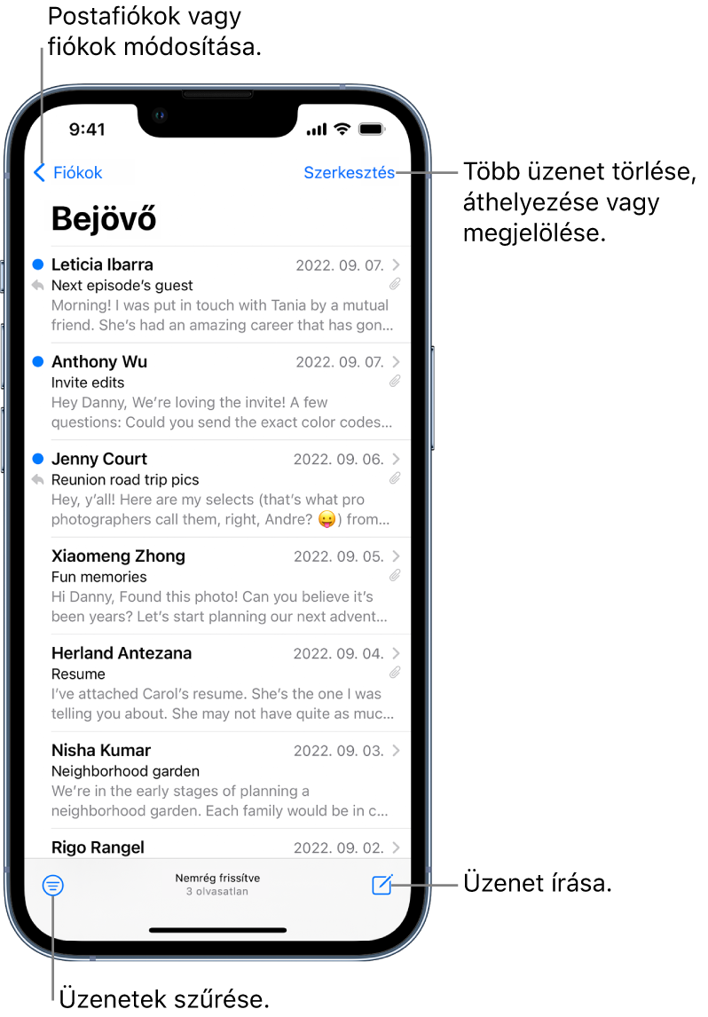 A Bejövő postafiók az e-mailek listájával. A másik postafiókra való átváltáshoz használható Postafiókok gomb a bal felső sarokban található. Az e-mailek törléséhez, áthelyezéséhez és megjelöléséhez használható Szerkesztés gomb a jobb felső részen jelenik meg. A bal alsó sarokban látható az e-mailek szűréséhez használható gomb, amellyel megadható, hogy csak bizonyos e-mailek jelenjenek meg. Az új e-mailek írására használható gomb a jobb alsó sarokban látható.