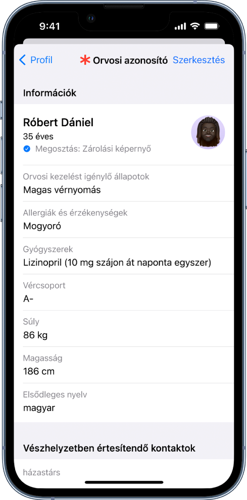 Az orvosi azonosító képernyője, amelyen különböző információk láthatók, például a születési dátum, az egészségi állapot, a gyógyszerek és a vészhelyzet esetén értesítendő kontakt.