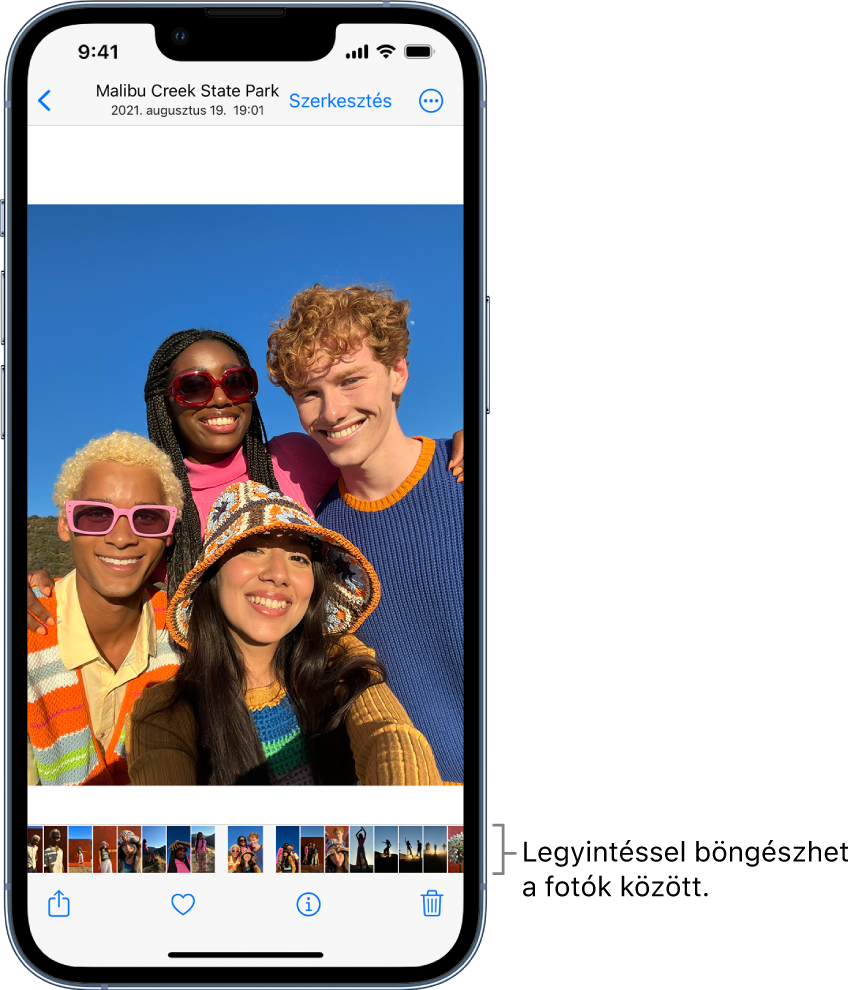 Egy fotó más fotók bélyegképeivel a képernyő alján. A bal felső sarokban egy vissza gomb látható, amelynek segítségével visszatérhet a böngészéshez használt nézethez. A képernyő alján a következő gombok találhatók: Megosztás, Tetszik és Törlés. A Szerkesztés gomb a jobb felső részen látható.