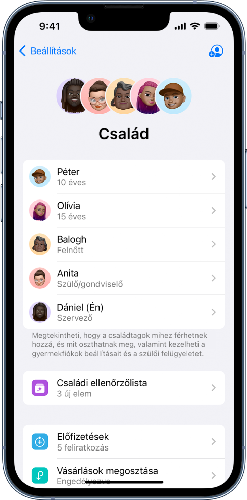 A Beállítások Családi megosztás képernyője. Öt családtag látható egy listán. A családtagok nevei alatt a Családi ellenőrzőlista, továbbá az Előfizetések, a Vásárlások megosztása és a Helyzetmegosztás opciók jelennek meg.