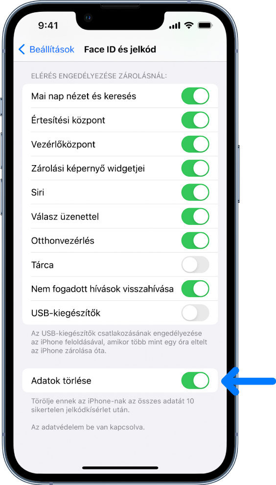 Az Adatok törlése funkció vezérlése, a Beállításokban található Face ID és jelkód menüpont alján.