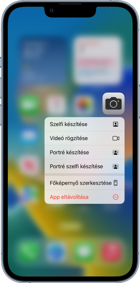 Az elhomályosított Főképernyő a Kamera gyorsműveletmenüvel, amely a Kamera app alatt látható.