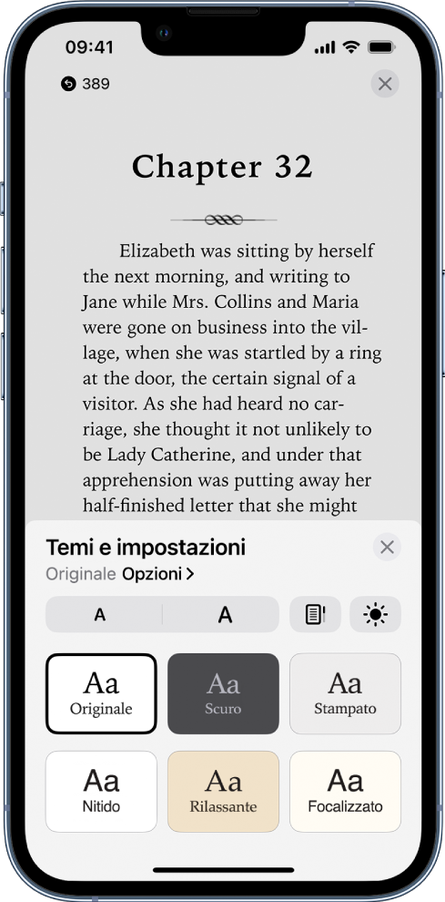 Il menu “Temi e impostazioni” che mostra i controlli per le dimensioni del font, la vista a scorrimento, la luminosità e le opzioni per il font.