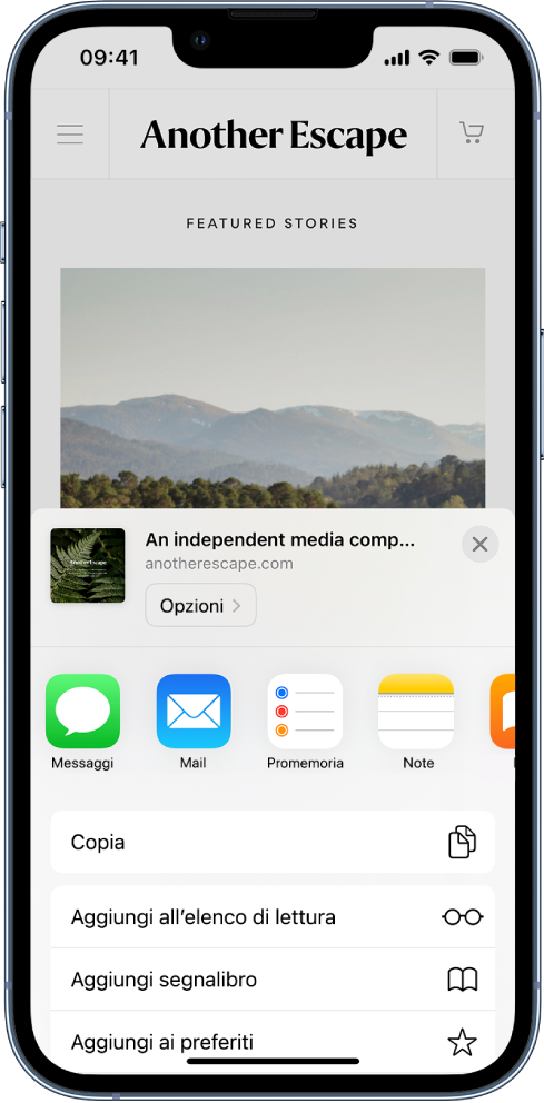 In Safari, il pulsante Condividi su una pagina web è stato selezionato e vengono mostrate le app che possono essere usate per condividere il link. Sotto le icone delle app è presente un elenco di altre opzioni, tra cui Copia, “Aggiungi a Elenco di lettura”, “Aggiungi segnalibro” e “Aggiungi ai preferiti”.