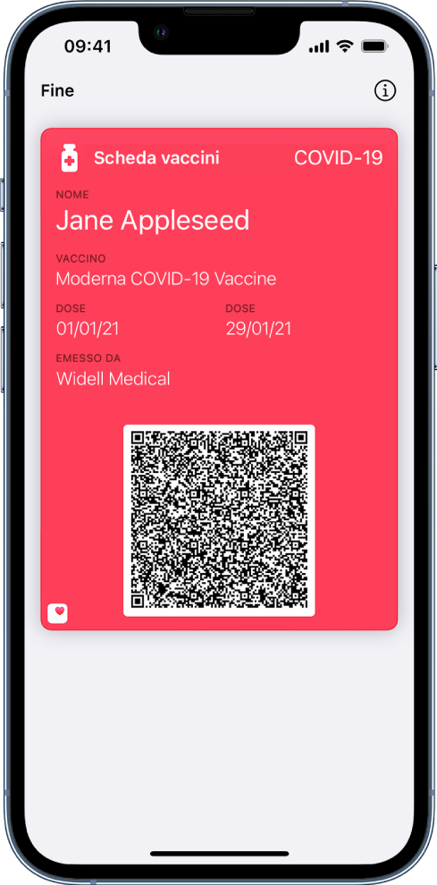 Una scheda vaccini nell'app Wallet.