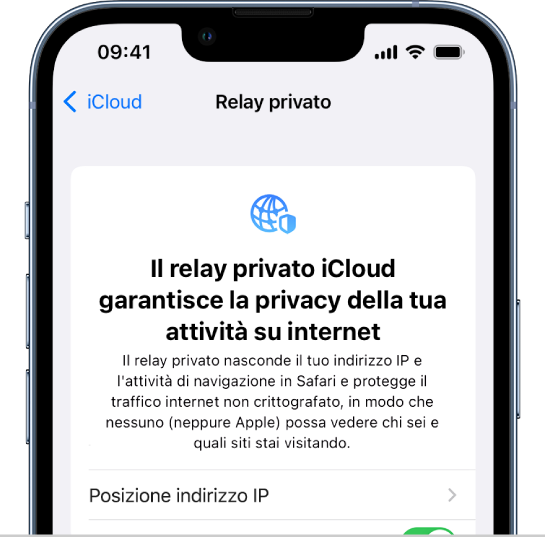 La schermata Impostazioni da cui puoi attivare o disattivare il relay privato.