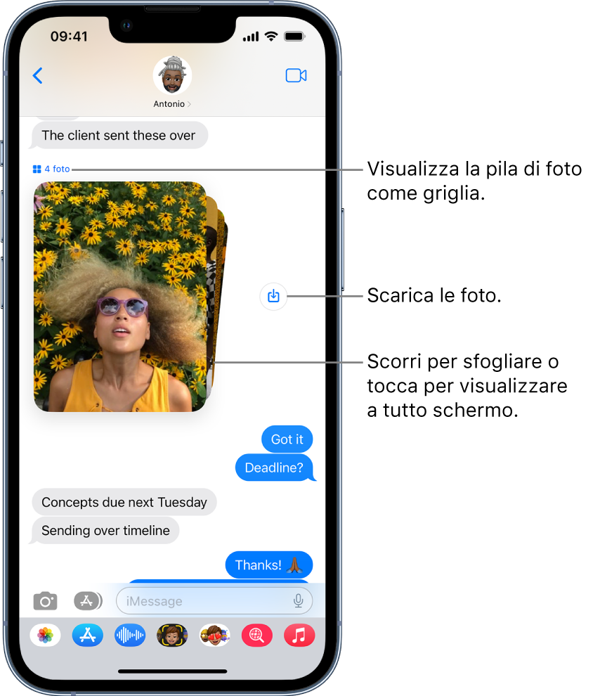 Una conversazione in Messaggi che include una raccolta di foto di persone e fiori vicino a un pulsante Salva.