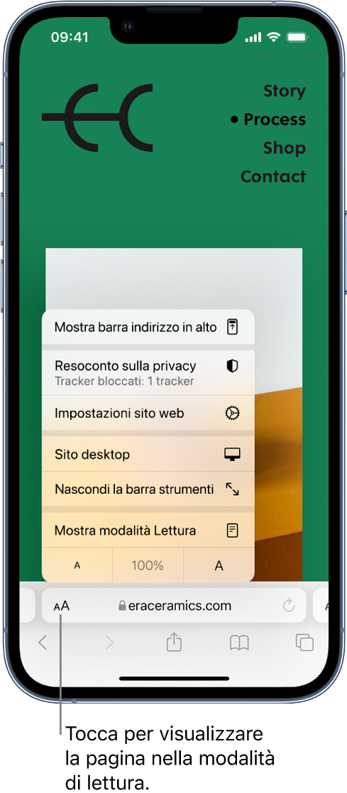 Il menu “Impostazioni pagina”. Nella parte inferiore del menu è presente l'opzione “Mostra modalità Lettura”.