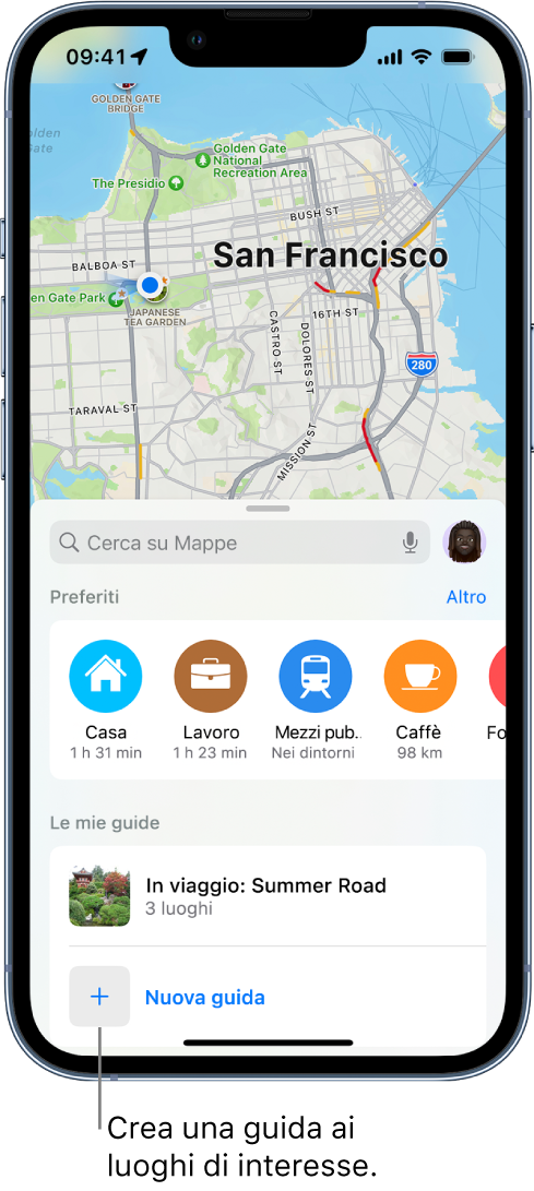 Una scheda di ricerca in Mappe con il pulsante “Nuova guida” in basso.