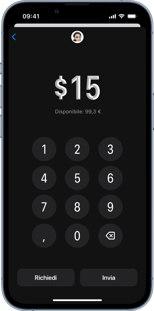 Un tastierino numerico per l'inserimento dell'importo con i pulsanti Richiedi e Invia in basso.