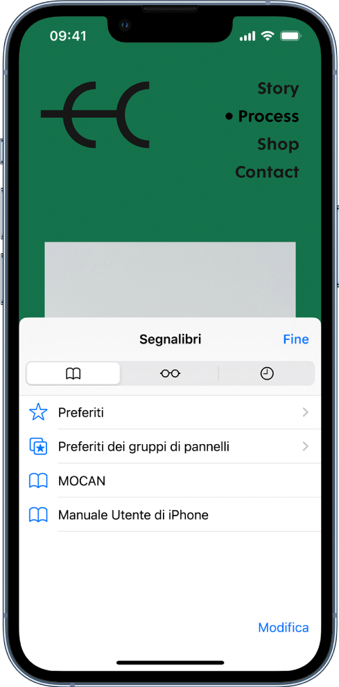 La schermata Segnalibri, con le opzioni per visualizzare i segnalibri, i preferiti, il gruppo di pannelli preferiti, l'elenco di lettura e la cronologia di navigazione.