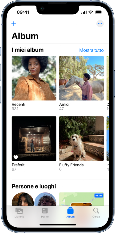 Viene selezionato il pannello Album nella parte inferiore dello schermo. Sotto l'intestazione “I miei album” lo schermo presenta gli album Recenti, “Magia d'India”, Preferiti e Ciclismo. Accanto all'intestazione “I miei album” è presente il pulsante “Visualizza tutto”. Nell'angolo superiore sinistro della schermata si trova il pulsante Aggiungi.