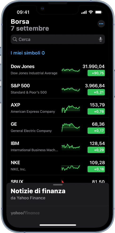 Una watchlist con un elenco di diverse azioni. Ciascuna azione nell'elenco visualizza, da sinistra a destra, il simbolo e il nome dell'azione, un grafico delle prestazioni, il prezzo dell'azione e le modifiche di prezzo. Nella parte superiore dello schermo, sopra la watchlist “I miei simboli”, viene visualizzato il campo di ricerca. Nella parte inferiore dello schermo vengono visualizzate le notizie di finanza. Scorri verso l'alto su “Notizie dal mondo della finanza” per visualizzare le storie.