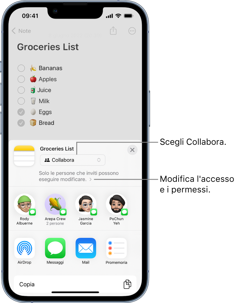La schermata per avviare una collaborazione a un documento. Il documento compare nella parte superiore. Sotto è presente un menu per sceglier se inviare il documento o condividerlo per la collaborazione e per impostare i permessi di accesso per le persone che inviti (se possono visualizzare e modificare il documento oppure solo visualizzarlo). Sotto sono presenti le persone con cui puoi condividere e i metodi per farlo (Mail, Messaggi e così via).