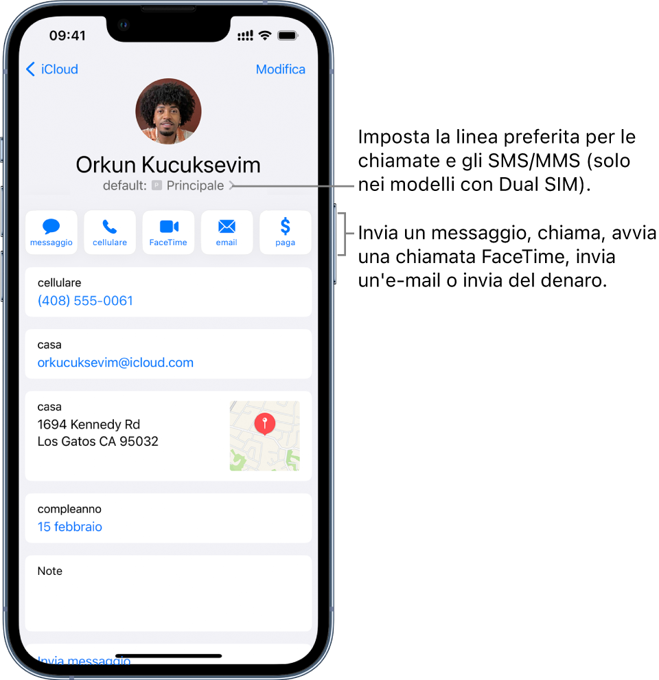 La schermata info di un contatto. In alto sono presenti la foto e il nome del contatto. Sotto il nome sono presenti i pulsanti per inviare un messaggio o un'email, effettuare una chiamata telefonica o FaceTime, inviare una somma di denaro con Apple Pay. Sotto i pulsanti sono presenti le informazioni di contatto.