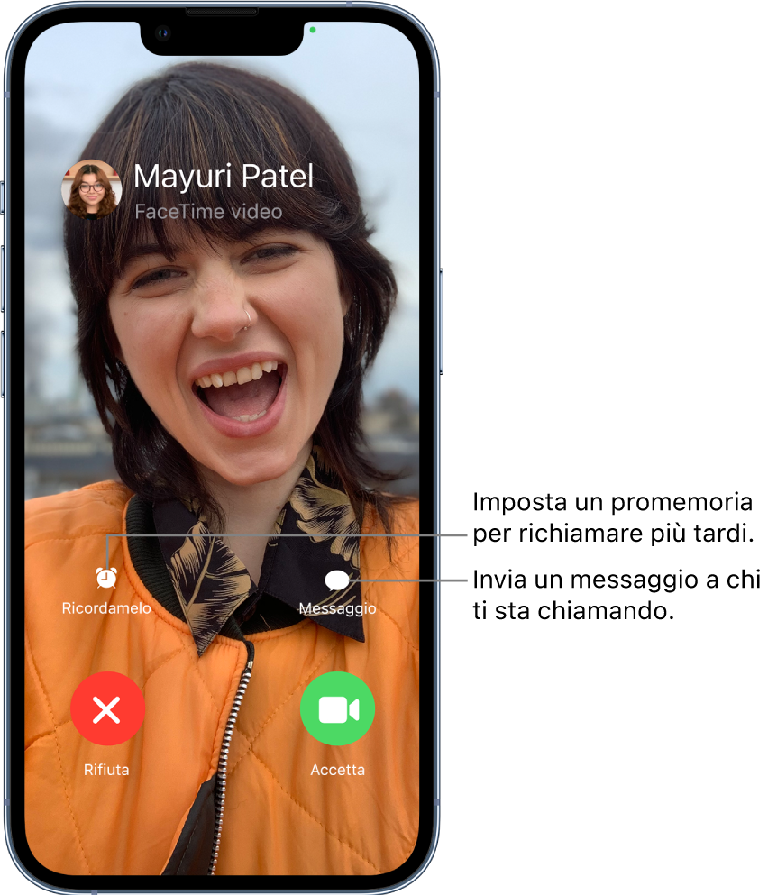 Schermata di una chiamata in entrata. Nella parte inferiore dello schermo, nella riga superiore, da sinistra a destra: i pulsanti Ricordamelo e Messaggio. Nella riga inferiore, da sinistra a destra: i pulsanti Rifiuta e Rispondi.
