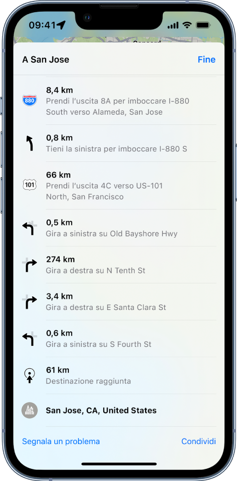 Le indicazioni passo a passo di un itinerario mostrate in un elenco.