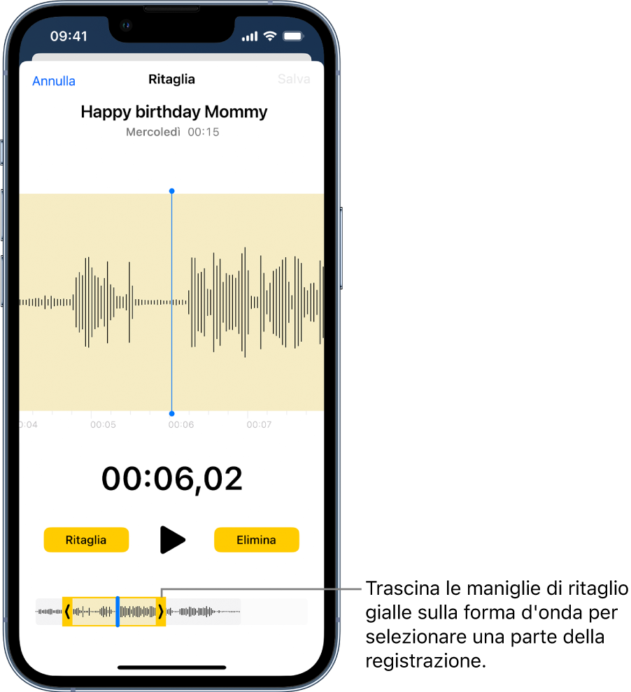 Una registrazione in fase di ritaglio, con una porzione della forma d'onda audio inclusa all'interno delle maniglie di ritaglio di colore giallo nella parte inferiore dello schermo. Sopra la forma d'onda sono presenti un pulsante Riproduci e un timer di registrazione. Le maniglie di ritaglio si trovano sotto il pulsante Riproduci. Il pulsante Ritaglia per eliminare la parte della registrazione fuori della maniglie e il pulsante Elimina per eliminare la parte della registrazione all'interno delle maniglie si trovano su entrambi i lati del pulsante Riproduci.
