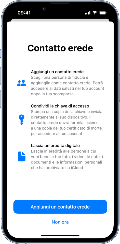 La schermata “Contatto erede” con le informazioni sulla funzionalità. Il pulsante “Aggiungi un contatto erede” si trova nella parte inferiore della schermata.