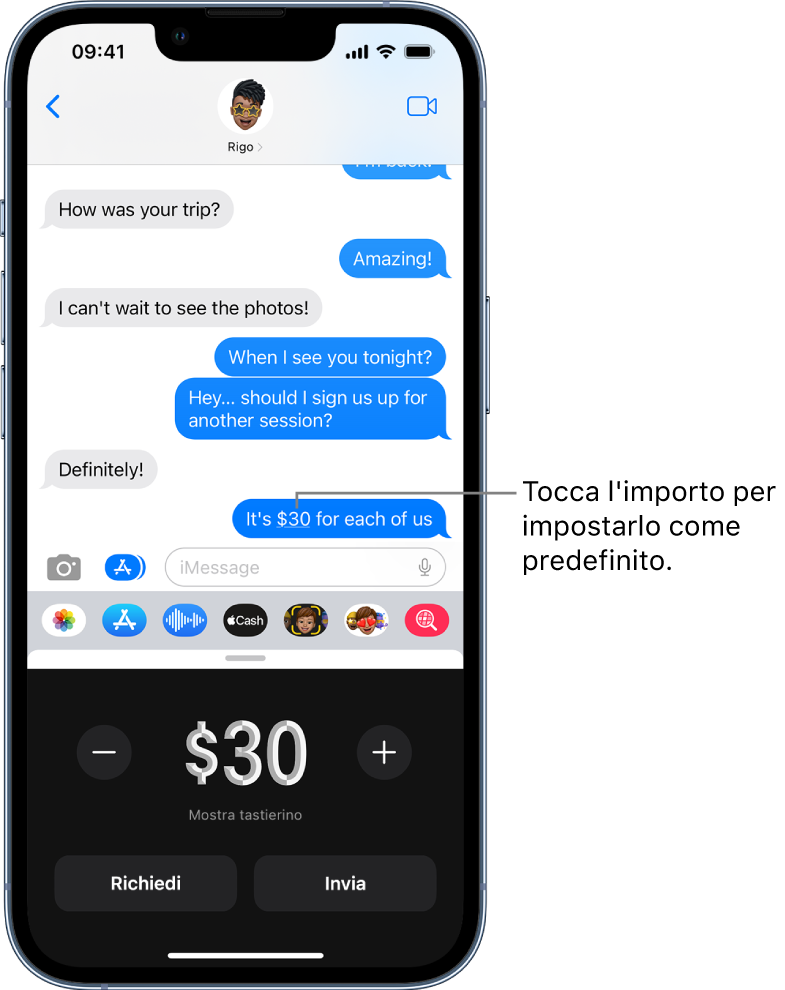 Una conversazione iMessage Apple Pay aperta in basso.